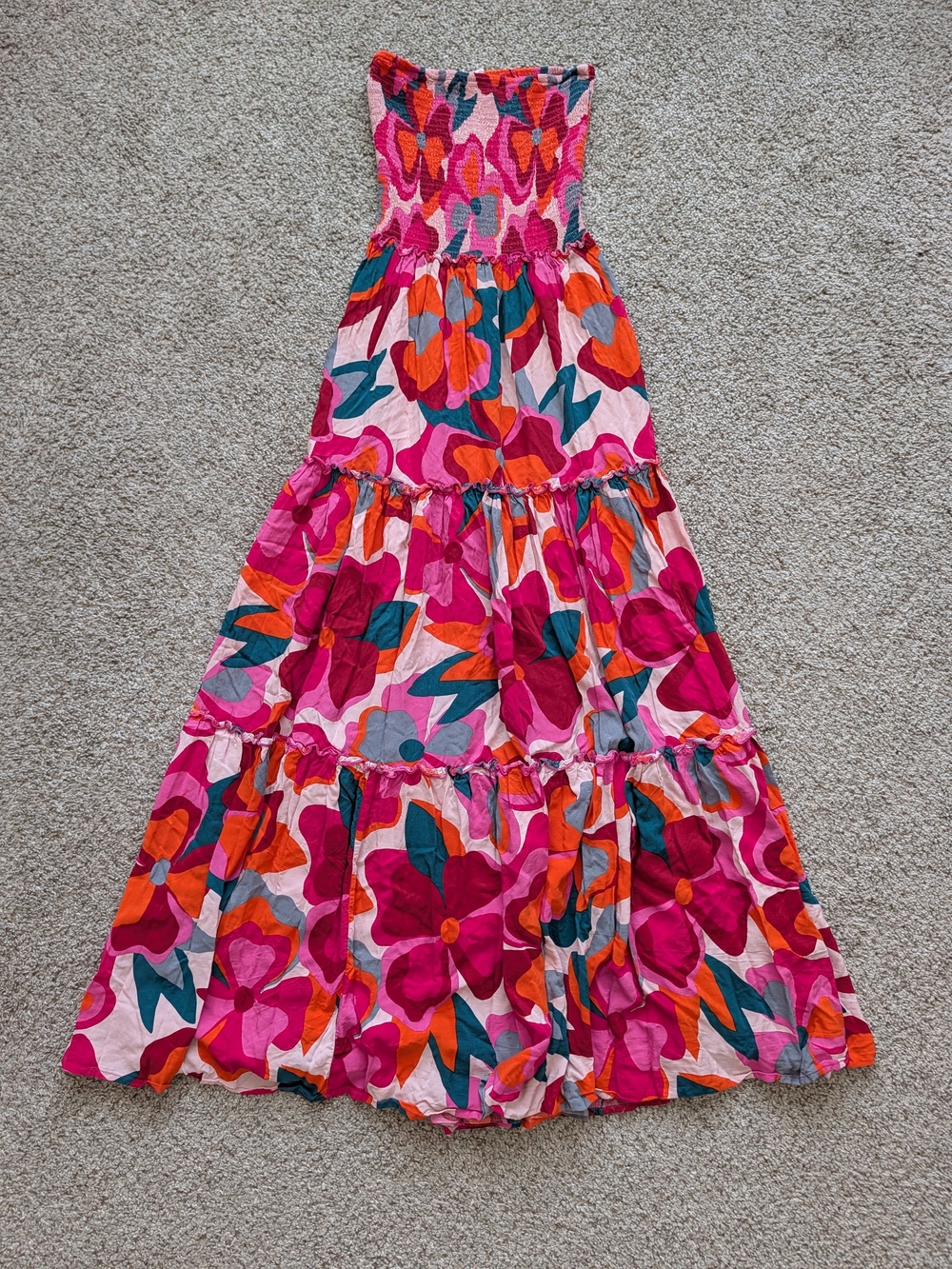 Able The Label ATL Women Pink Orange Floral Boho Smocked Tiered Maxi Dress Small